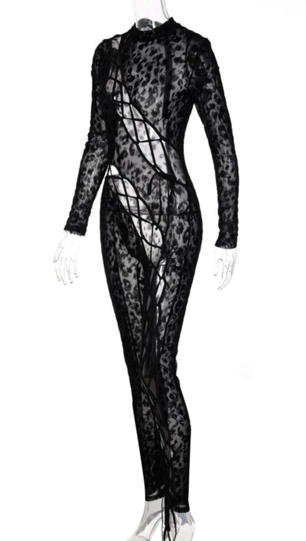 AIIZIE LACE UP LEOPARD PRINTED MESH JUMPSUIT - product image