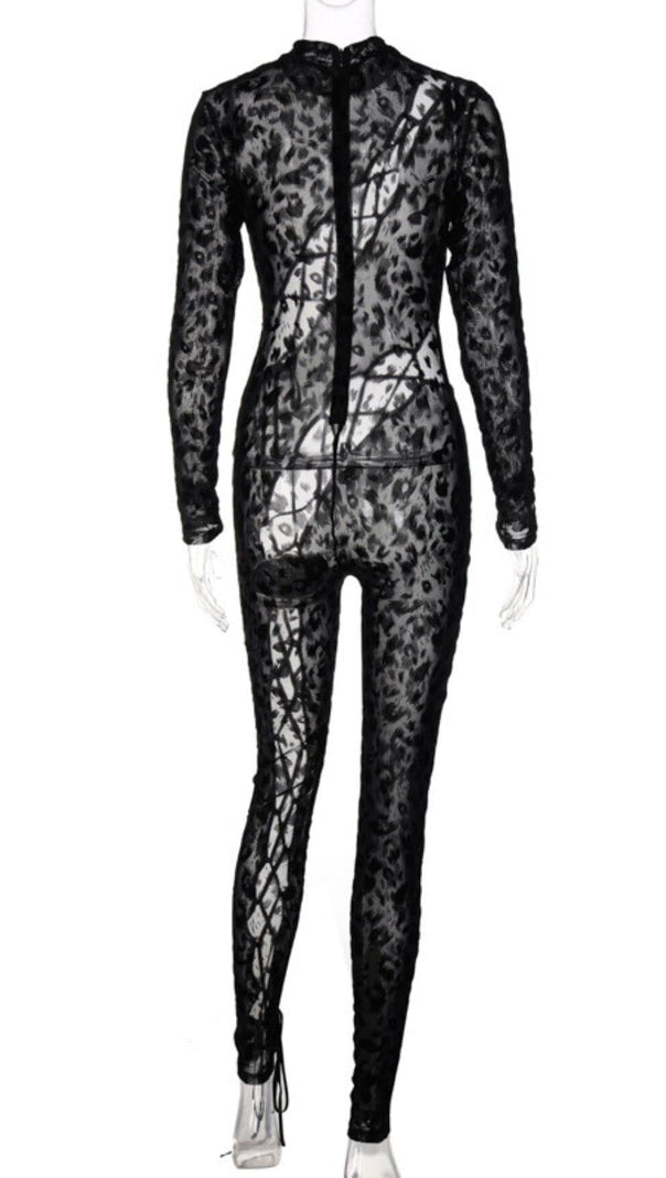 AIIZIE LACE UP LEOPARD PRINTED MESH JUMPSUIT - product image