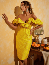 Giselle Jacquard Off Shoulder Midi Dress In Yellow