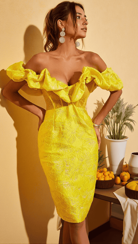 GISELLE JACQUARD OFF SHOULDER MIDI DRESS IN YELLOW