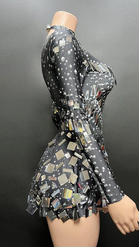 LONG SLEEVE EMBELLISHED MINI DRESS IN BLACK