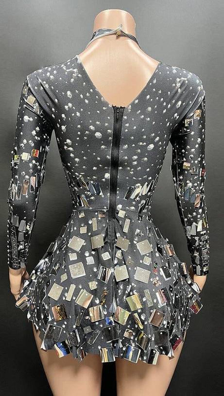 LONG SLEEVE EMBELLISHED MINI DRESS IN BLACK