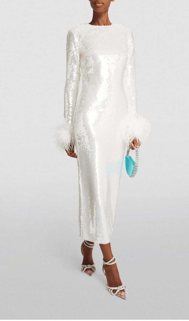 LONG SLEEVE FEATHER SEQUINNED MIDI DRESS