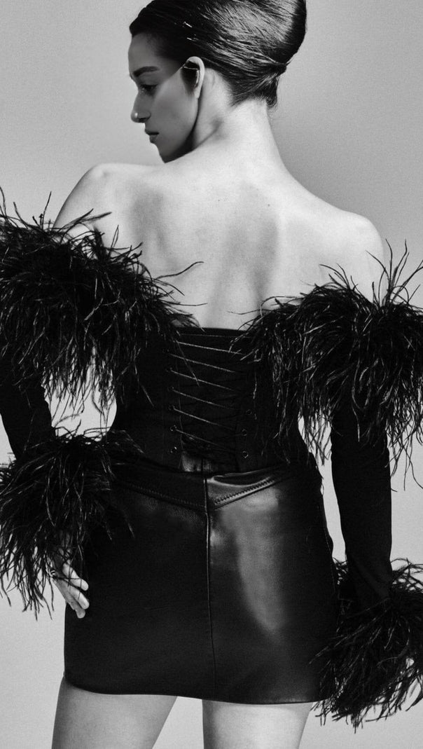 AIIZIE FEATHER CORSET MINI DRESS IN BLACK - product image