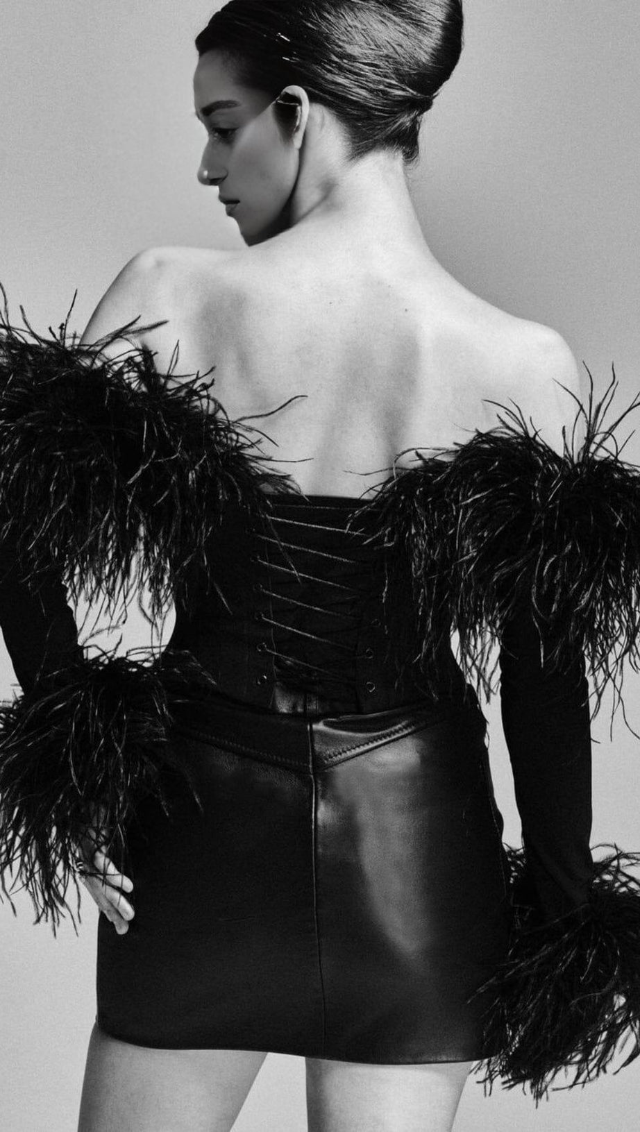 FEATHER CORSET MINI DRESS IN BLACK