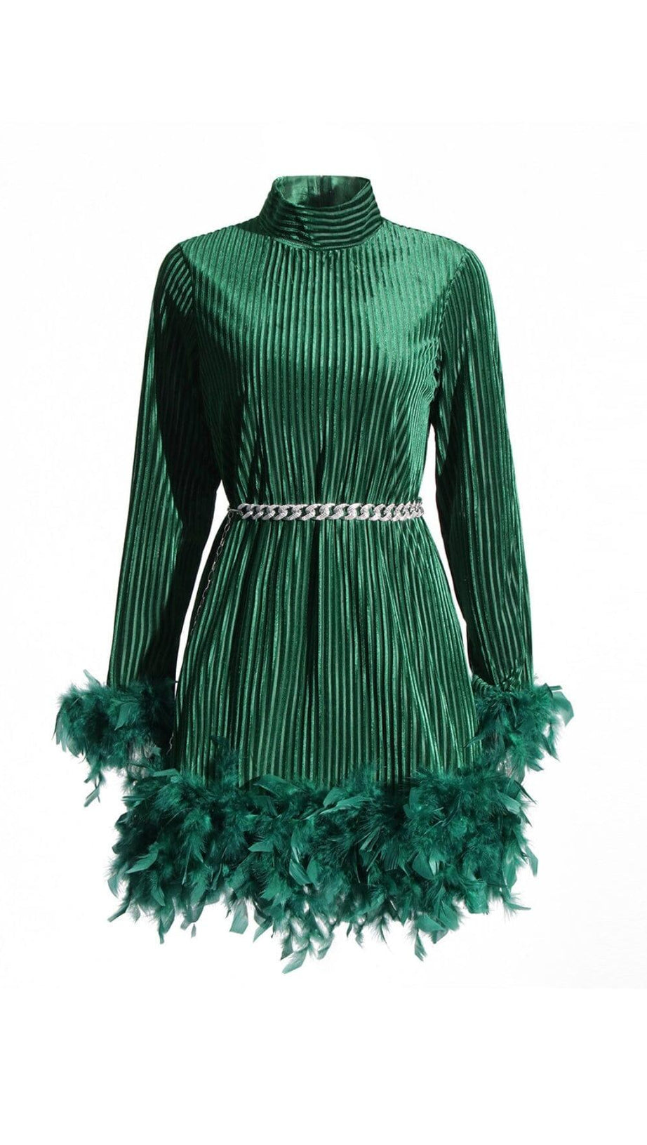 LONG SLEEVE FEATHER VELVET DRESS WITH BELT