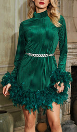 LONG SLEEVE FEATHER VELVET DRESS WITH BELT