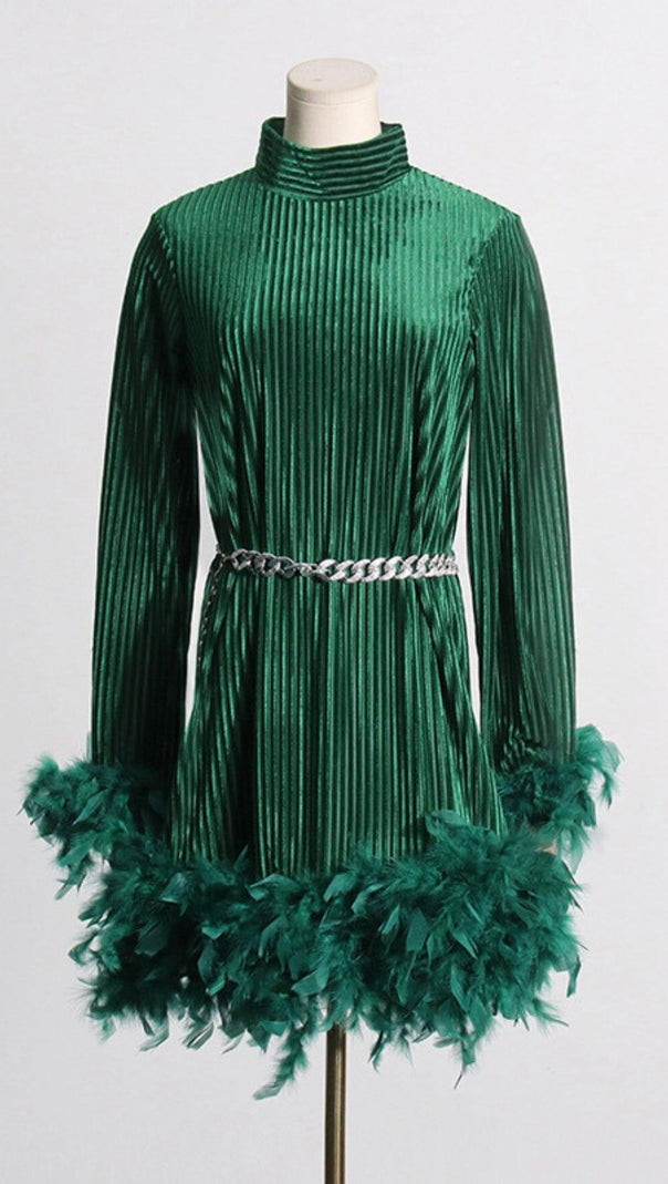 AIIZIE LONG SLEEVE FEATHER VELVET DRESS WITH BELT - product image