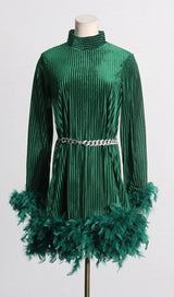 LONG SLEEVE FEATHER VELVET DRESS WITH BELT