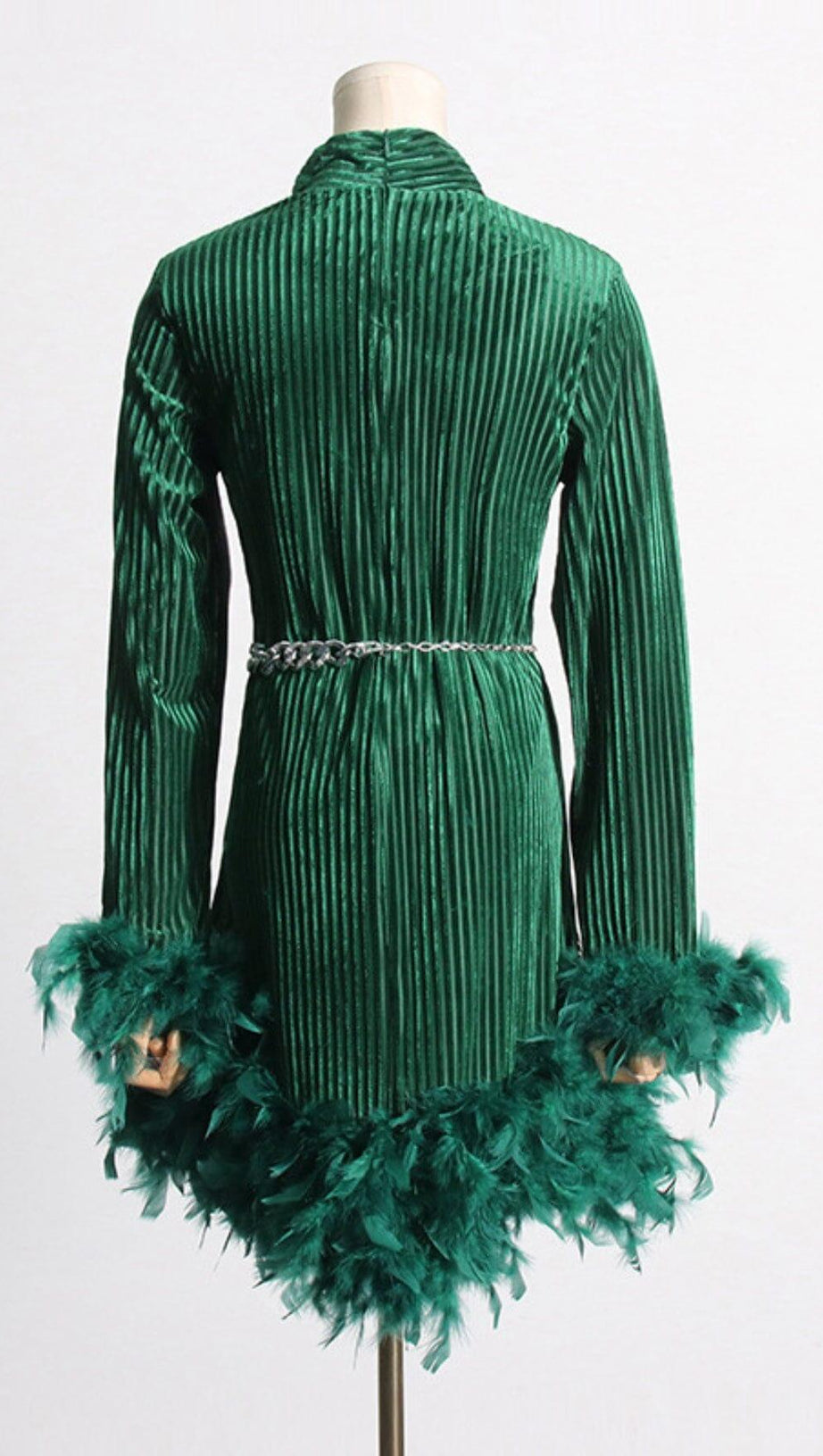 LONG SLEEVE FEATHER VELVET DRESS WITH BELT
