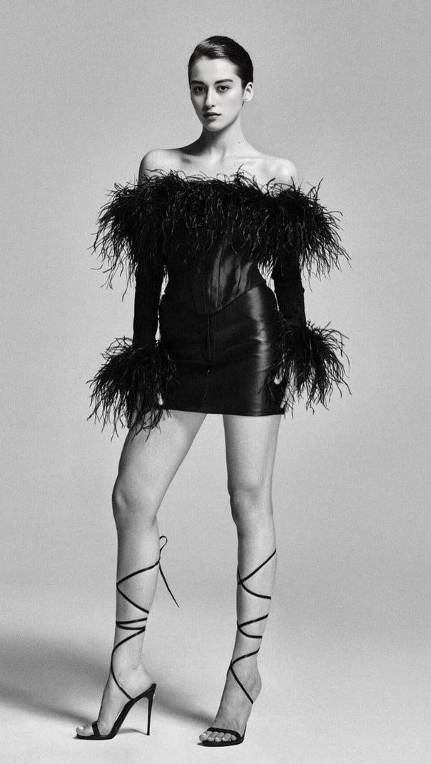 AIIZIE FEATHER CORSET MINI DRESS IN BLACK - product image