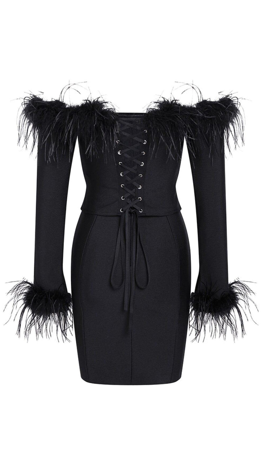 FEATHER CORSET MINI DRESS IN BLACK
