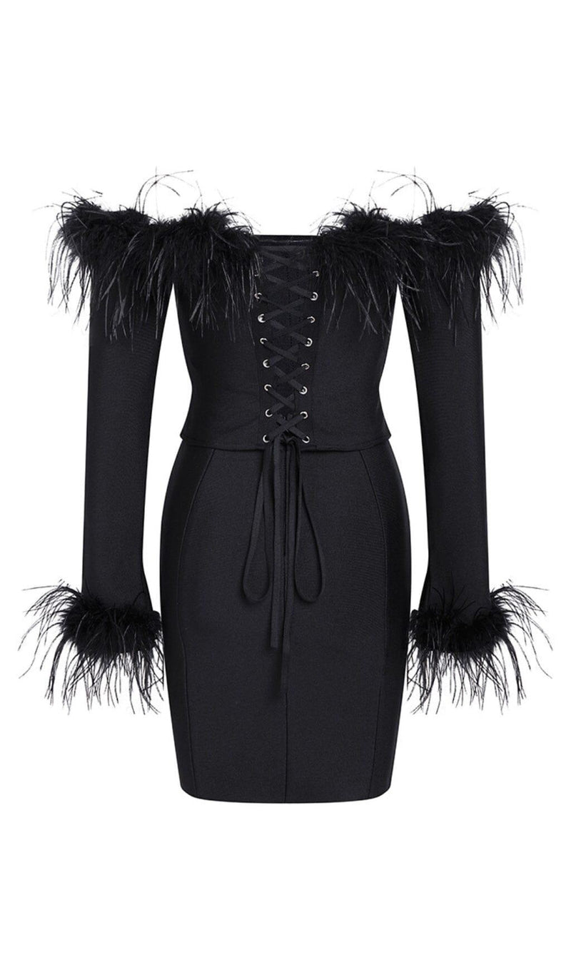 FEATHER CORSET MINI DRESS IN BLACK