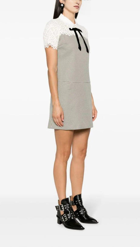 MIXED MEDIA LACE HOUNDSTOOTH DRESS