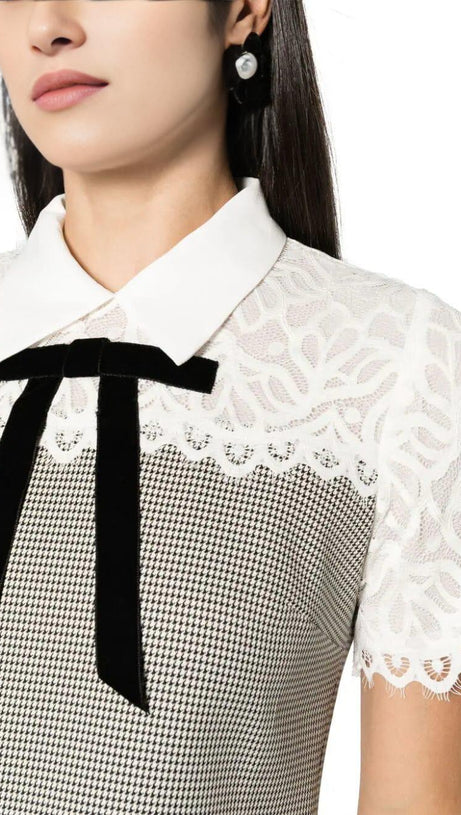 MIXED MEDIA LACE HOUNDSTOOTH DRESS