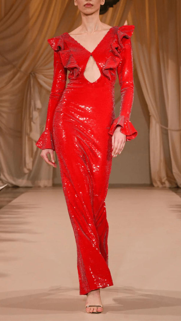 AIIZIE RED SEQUIN BACKLESS MAXI DRESS - product image