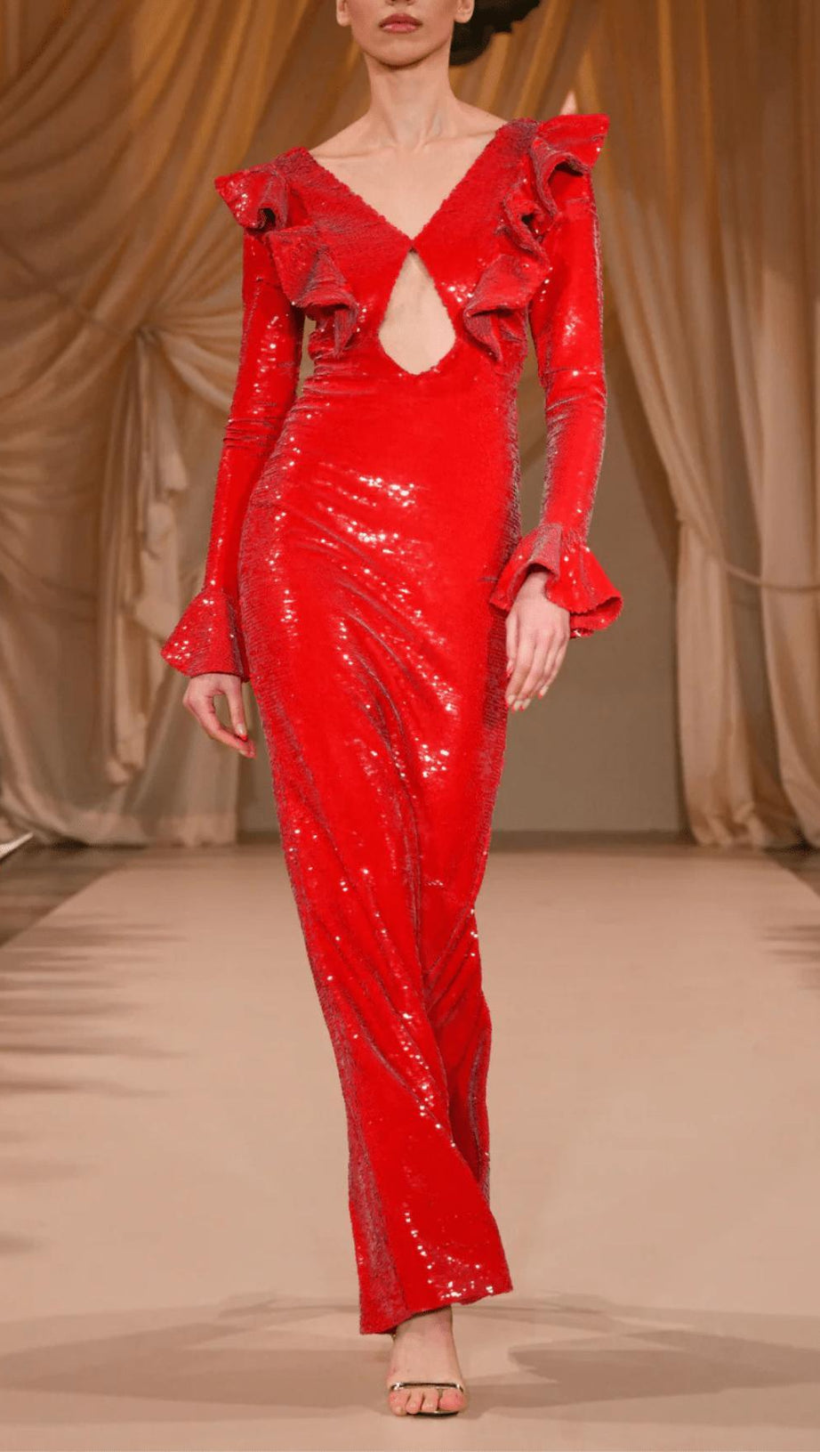 RED SEQUIN BACKLESS MAXI DRESS