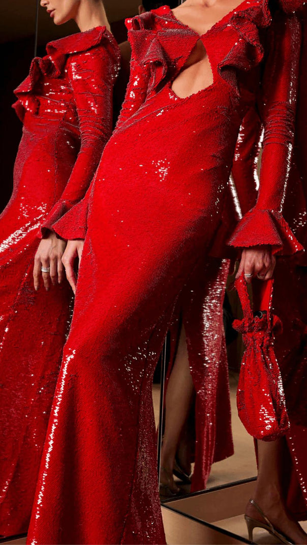 AIIZIE RED SEQUIN BACKLESS MAXI DRESS - product image