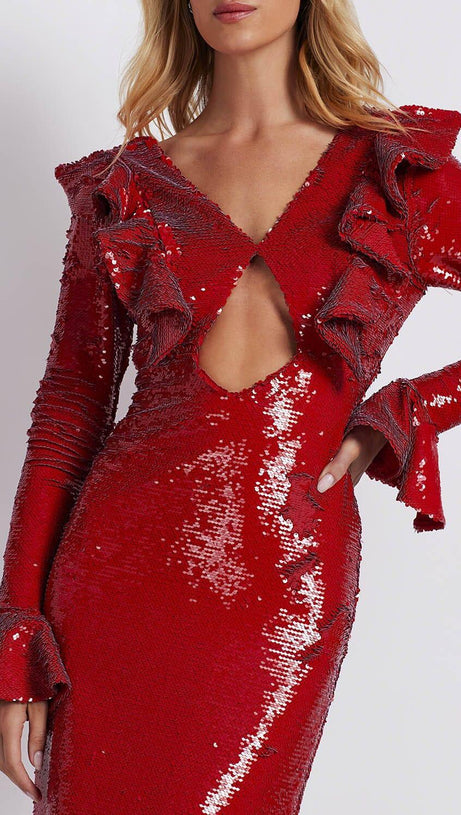 RED SEQUIN BACKLESS MAXI DRESS