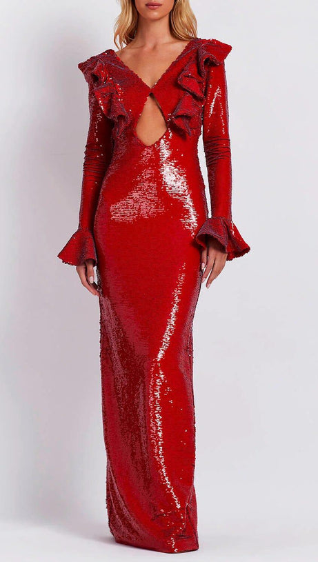 RED SEQUIN BACKLESS MAXI DRESS