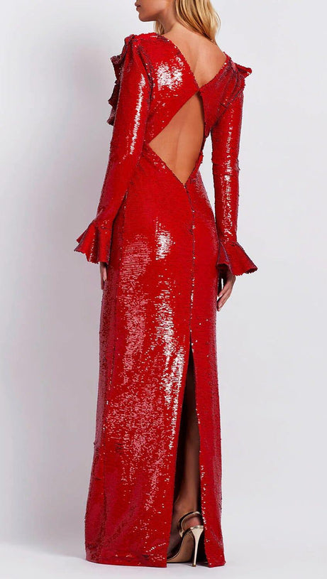 RED SEQUIN BACKLESS MAXI DRESS
