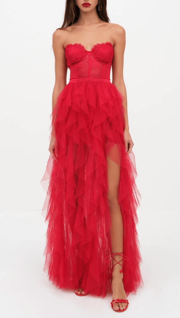 AIIZIE RED STRAPLESS LACE PATCHWORK MESH MAXI DRESS - product image