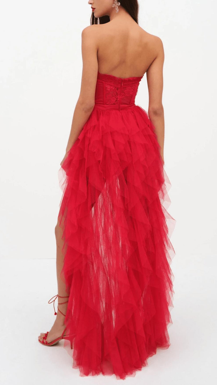 RED STRAPLESS LACE PATCHWORK MESH MAXI DRESS