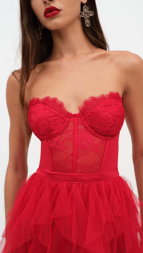 AIIZIE RED STRAPLESS LACE PATCHWORK MESH MAXI DRESS - product image