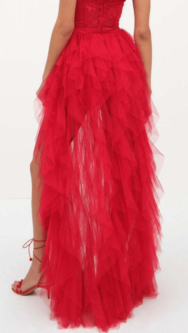AIIZIE RED STRAPLESS LACE PATCHWORK MESH MAXI DRESS - product image