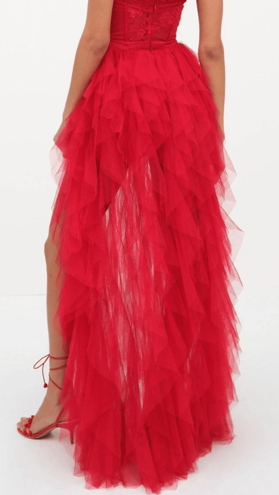 RED STRAPLESS LACE PATCHWORK MESH MAXI DRESS