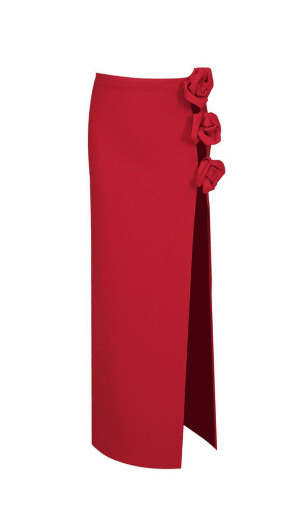 Red Wool-Silk Rose-Embellished Skirt
