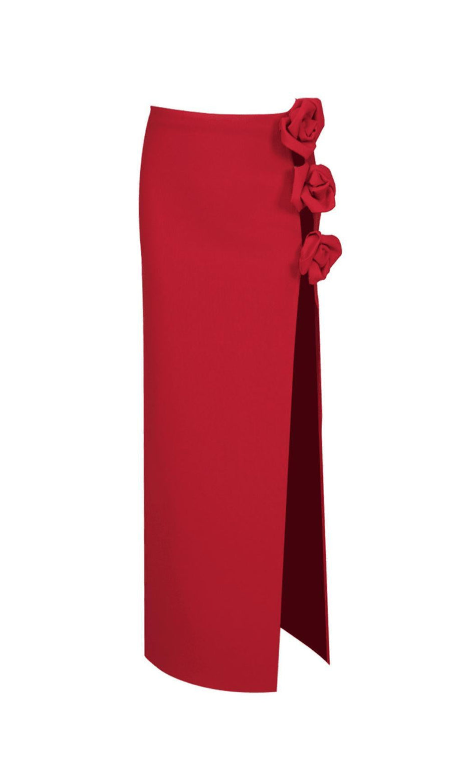 RED WOOL-SILK ROSE-EMBELLISHED SKIRT