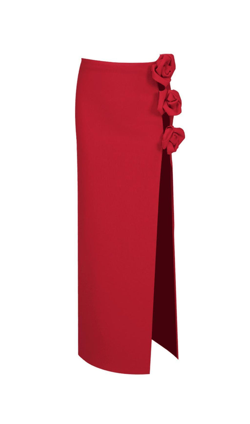 RED WOOL-SILK ROSE-EMBELLISHED SKIRT