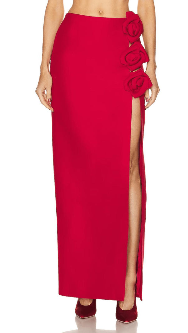 Red Wool-Silk Rose-Embellished Skirt