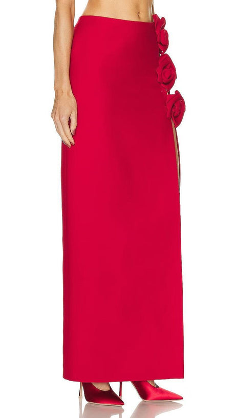 RED WOOL-SILK ROSE-EMBELLISHED SKIRT