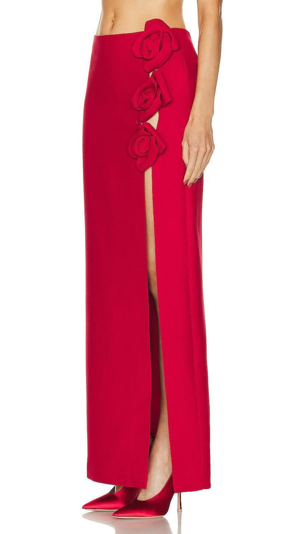 Red Wool-Silk Rose-Embellished Skirt