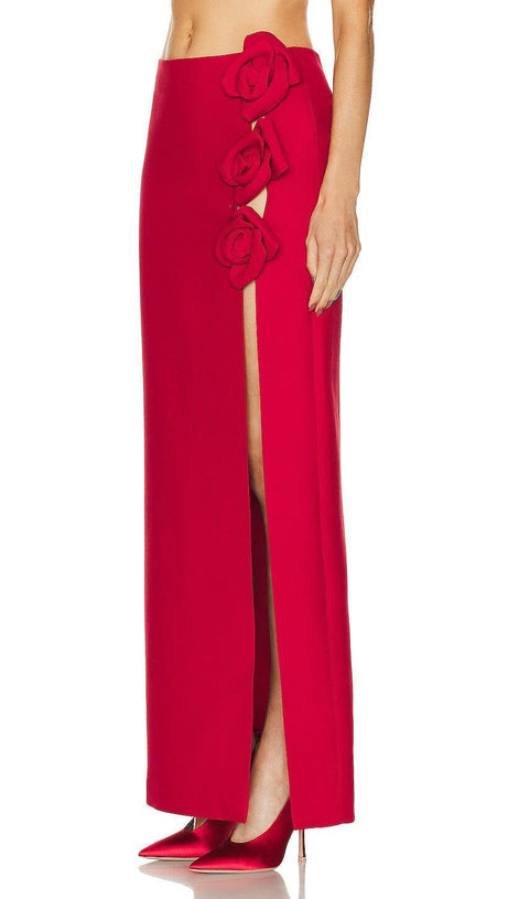 RED WOOL-SILK ROSE-EMBELLISHED SKIRT