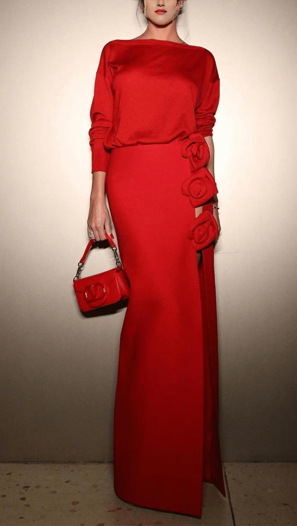 Red Wool-Silk Rose-Embellished Skirt