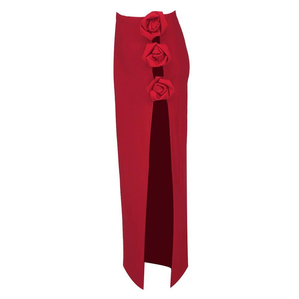 Red Wool-Silk Rose-Embellished Skirt