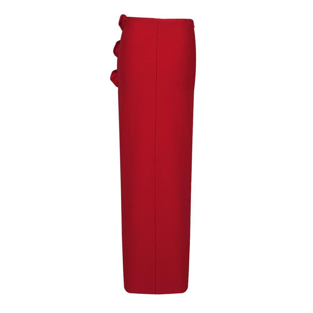 Red Wool-Silk Rose-Embellished Skirt