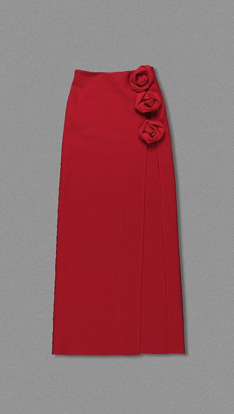 RED WOOL-SILK ROSE-EMBELLISHED SKIRT