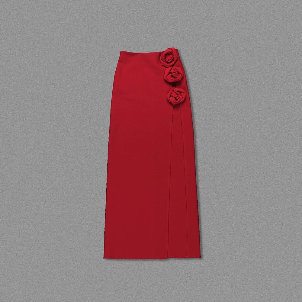 Red Wool-Silk Rose-Embellished Skirt