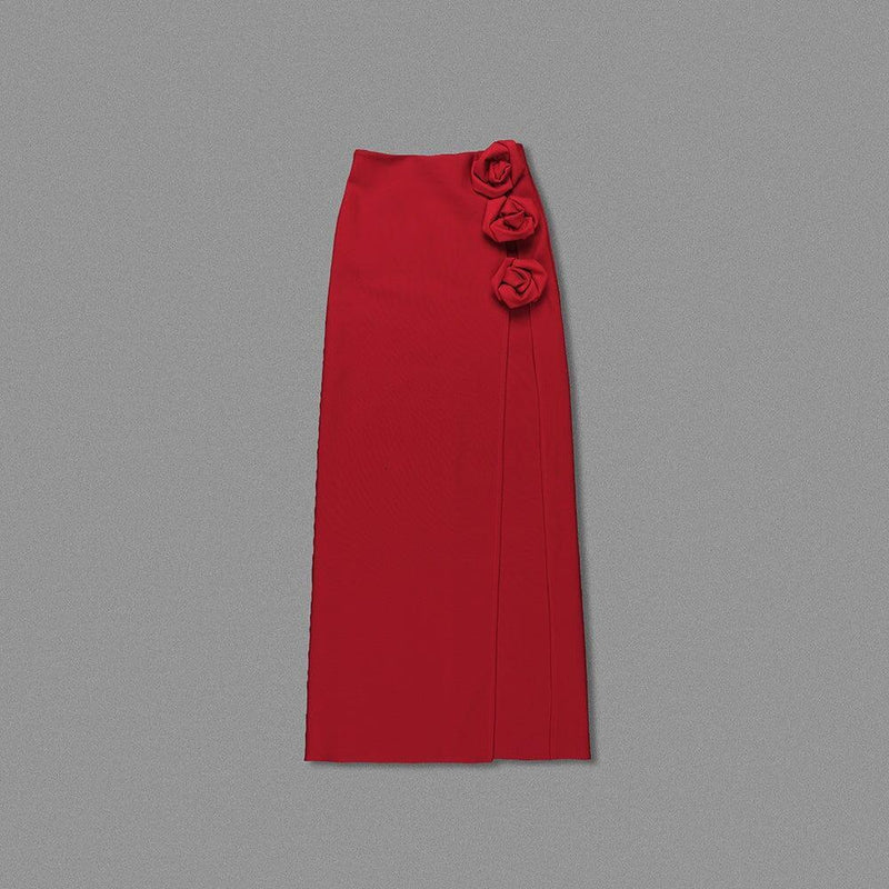 RED WOOL-SILK ROSE-EMBELLISHED SKIRT