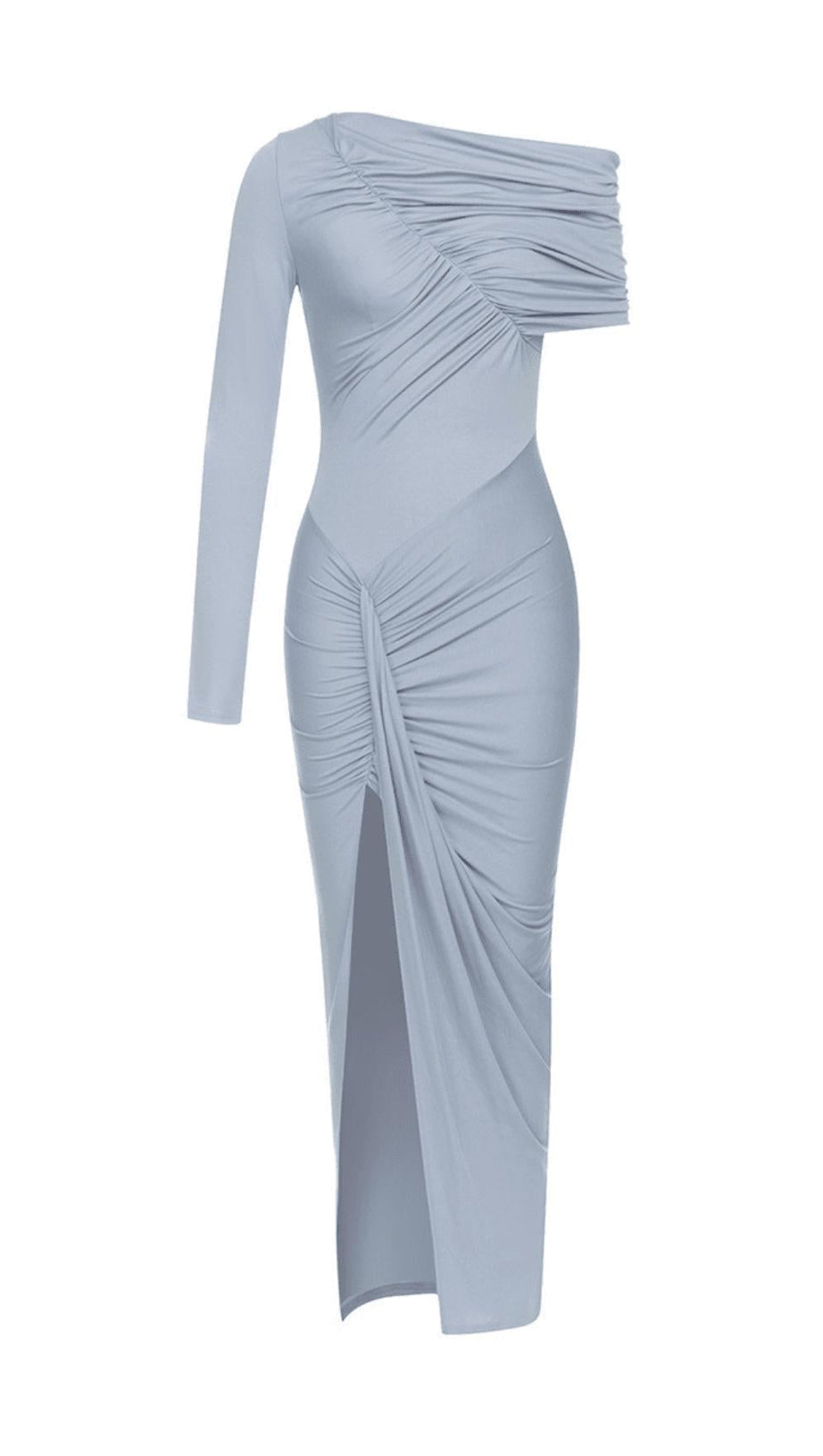 RUCHED SLIT MAXI DRESS IN BLUE