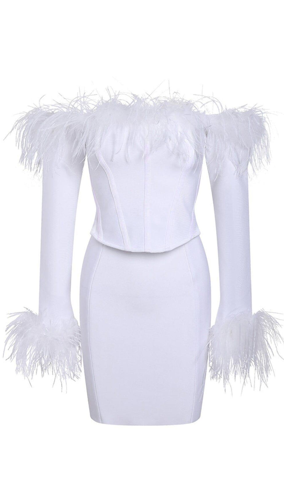 FEATHER CORSET MINI DRESS IN WHITE