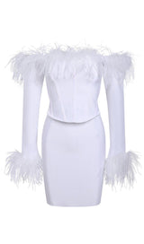 FEATHER CORSET MINI DRESS IN WHITE