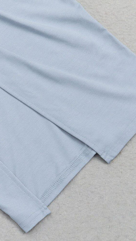 RUCHED SLIT MAXI DRESS IN BLUE