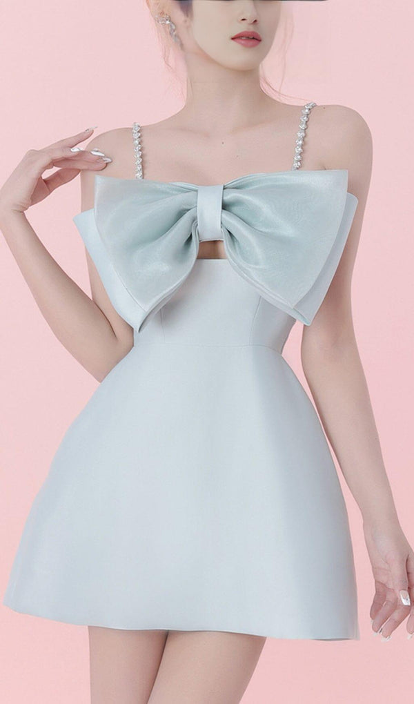 SLING BOW A-LINE MINI DRESS IN LIGHT BLUE