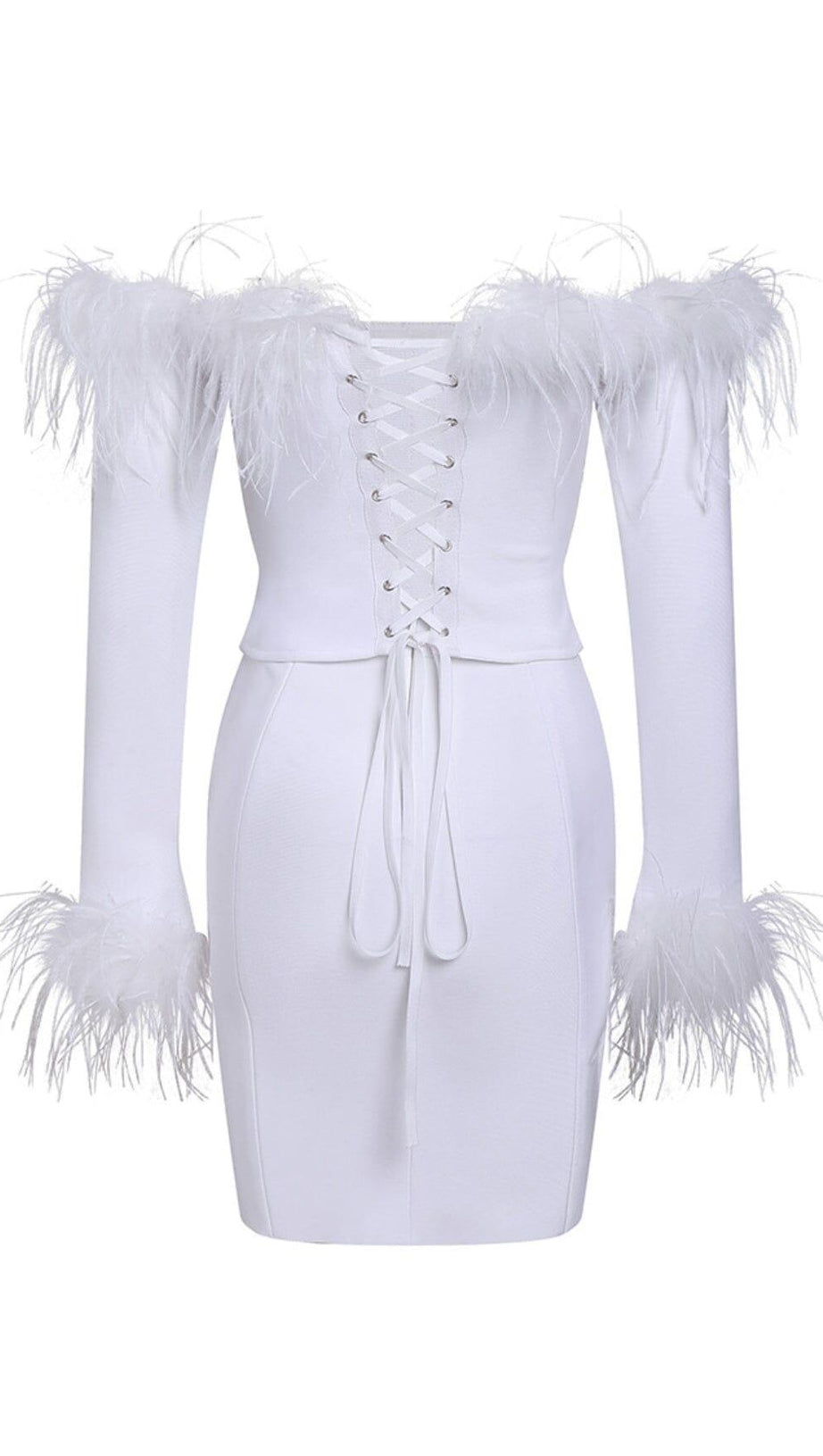 FEATHER CORSET MINI DRESS IN WHITE