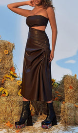 STRAPLESS CUTOUT LEATHER MIDI DRESS